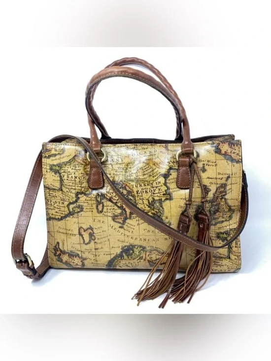 Patricia Nash Map-Print Satchel with Brown Trim and Tassels