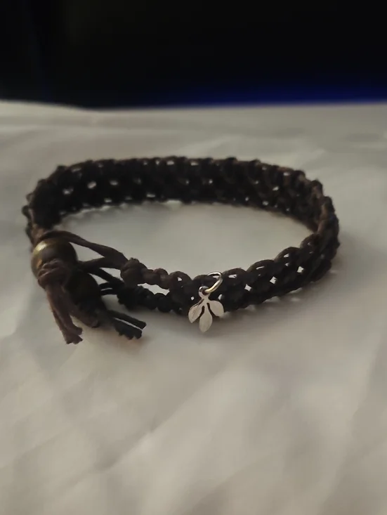 Handwoven Brown Hemp Bracelet with Leaf Charm