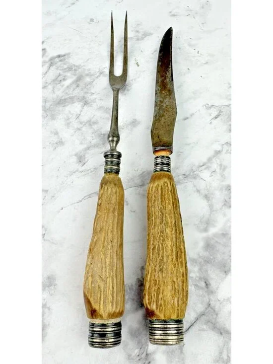 *Antique Stag Antler Handle Carving Set Knife & Fork