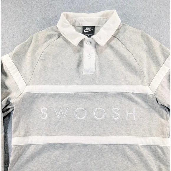 Nike Swoosh Mens Grey White Long Sleeve Rugby Polo Shirt Medium‎ 20.5x27