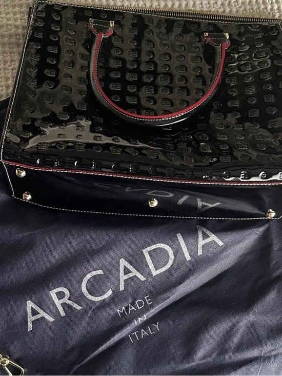 Arcadia Black Patent Satchel with PinkTrim