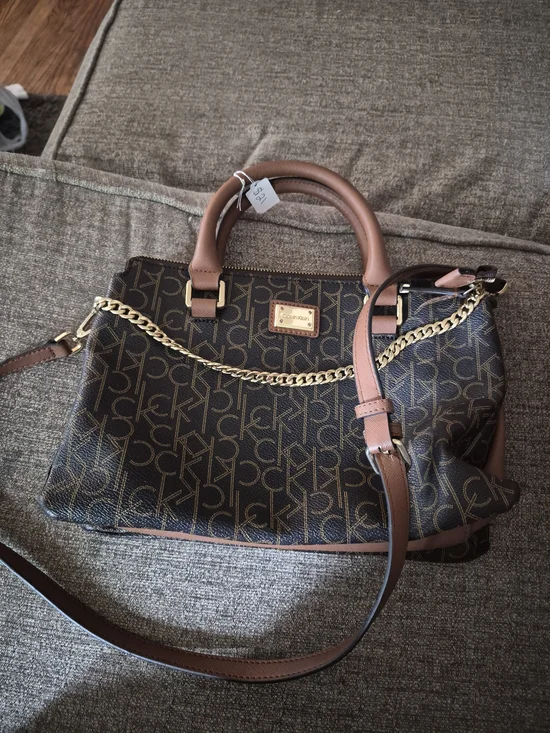 Calvin Klein Brown Monogram Satchel with Gold Chain and Tan Trim