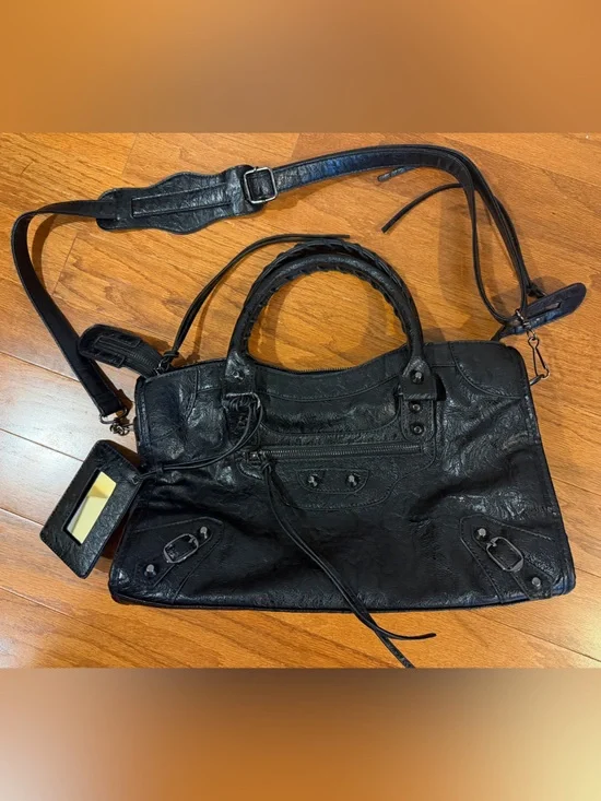 Black Leather Satchel Handbag with Removable Shoulder Strap