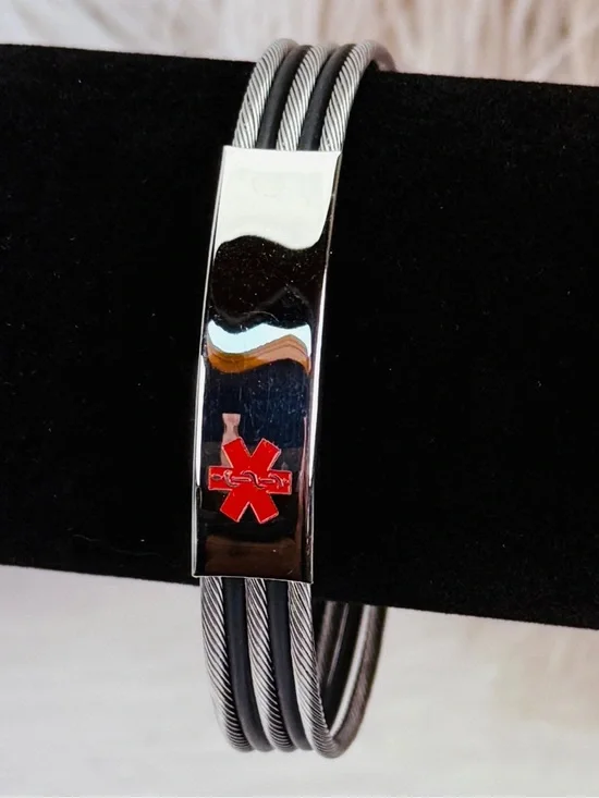 Stainless Steel Silvertone Black Unisex Medical Alert ID Bracelet