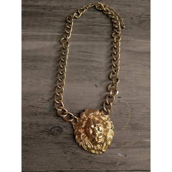 Mens Gold Tone Lion Head Pendant Curb Chain Statement Necklace Adjustable