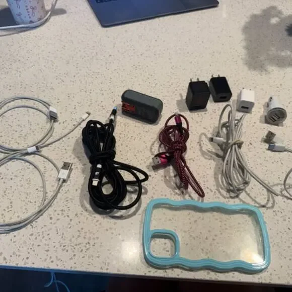 Variety of Android and IPhone Chargers, boxes, IPhone 13 Case
