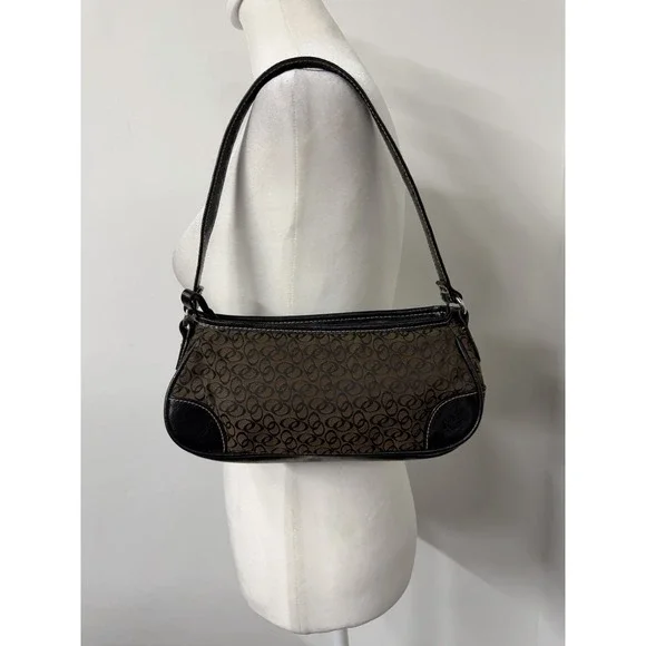 Vtg Y2K Small Baguette Shoulder Bag Brown Canvas Jacquard Black Leather Trim