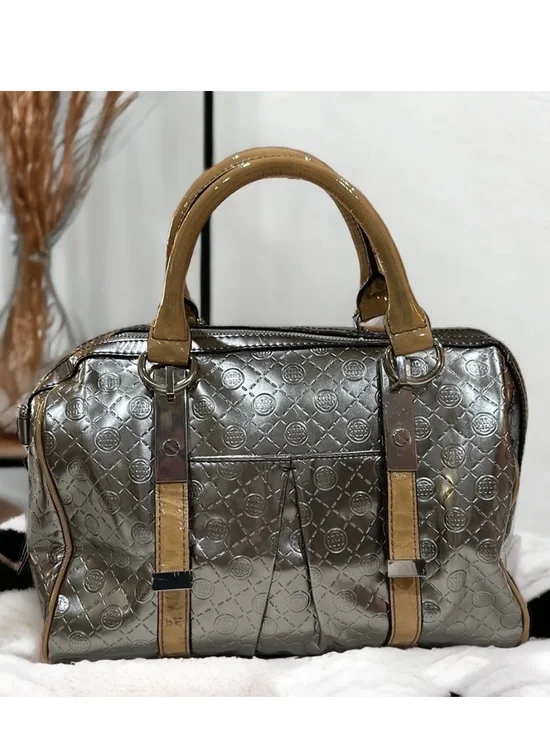 Dana Buchman gray silver satchel bag w/tan patent leather trim & handles