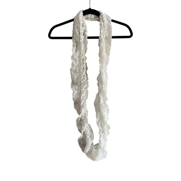 White Lace Infinity Scarf‎ Ruffle Trim Pom Pom Textured Sheer Boho Romantic Loop