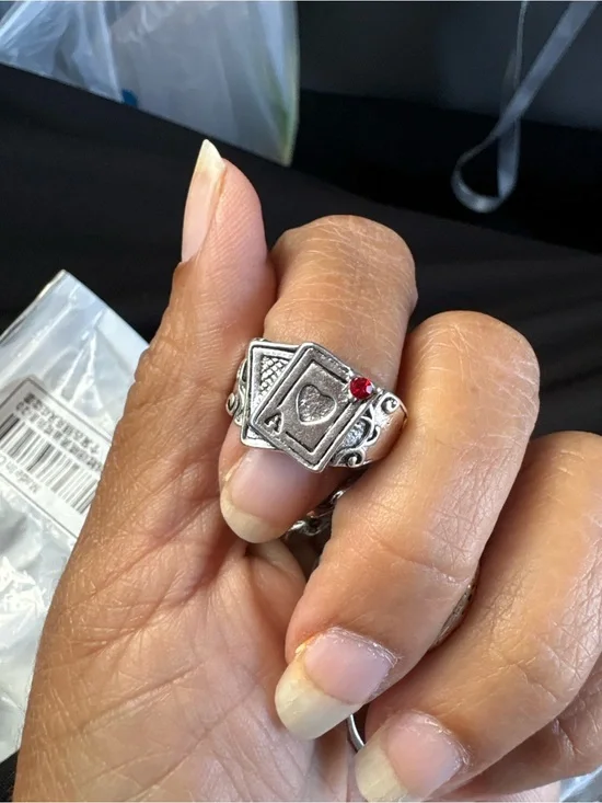 Silver-Tone Playing Card Heart Ring with Red Accent