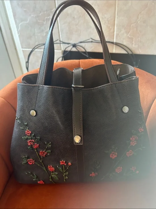 Women’s Brown Leather Tote Bag with Red Floral Accented leather