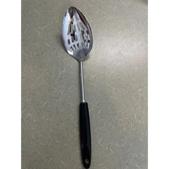 Vintage EKCO Slotted Serving Spoon 12” Black Handle Chromium Plated USA