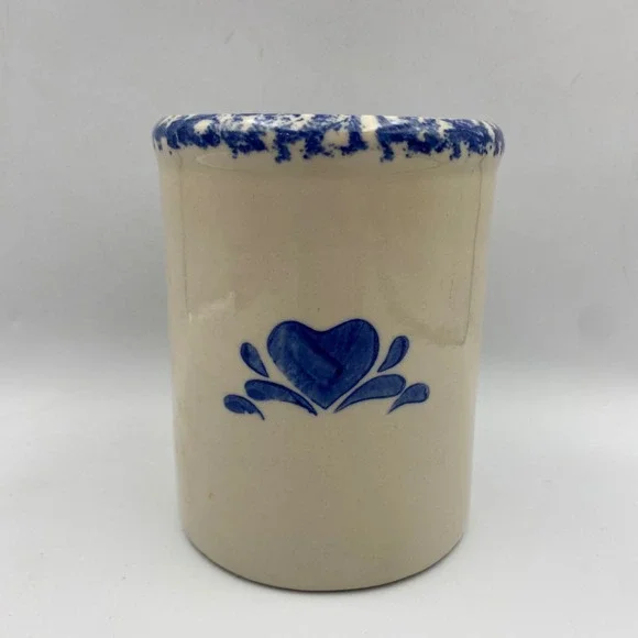 Vintage Blue Heart Stoneware Crock Sponge Rim Farmhouse Utensil Holder 6in