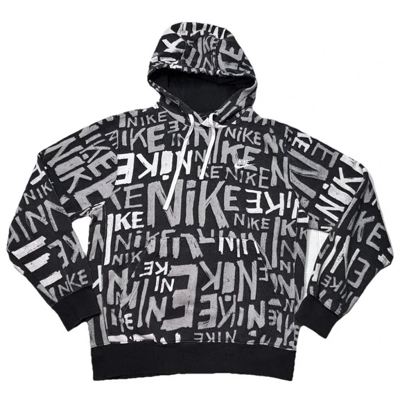 Nike‎ DA0061-010 Graffiti Logo All Over Print Hoodie Black White Small Men's
