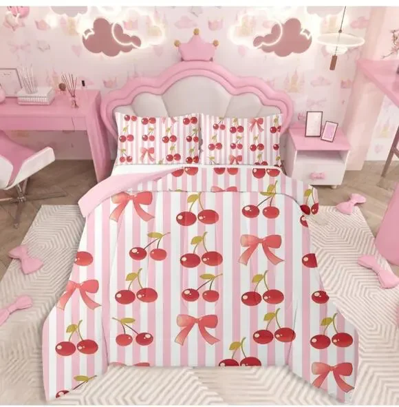 Queen Sized Duvet (90x90) and 2 Pillowcases(20x30) Cherry Decor NIP
