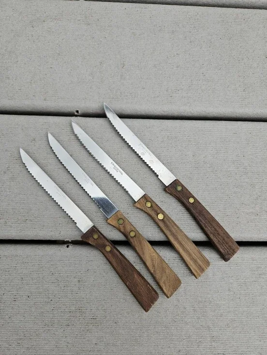 Mid Century Modern Japanese Steak Knife Set 4PC Stainless Wood Brass Rivets