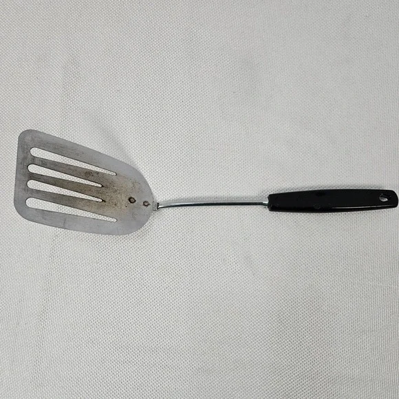 Vintage Foley USA Slotted Spatula Turner Chrome Plated Black Plastic Handle