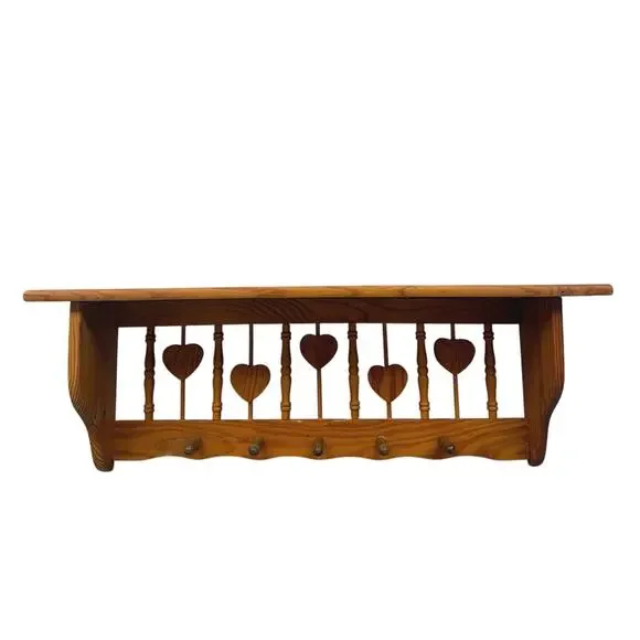 Vtg Wooden Heart Spindle Wall Shelf Five Pegs 23 inch Cottagecore Farmhouse