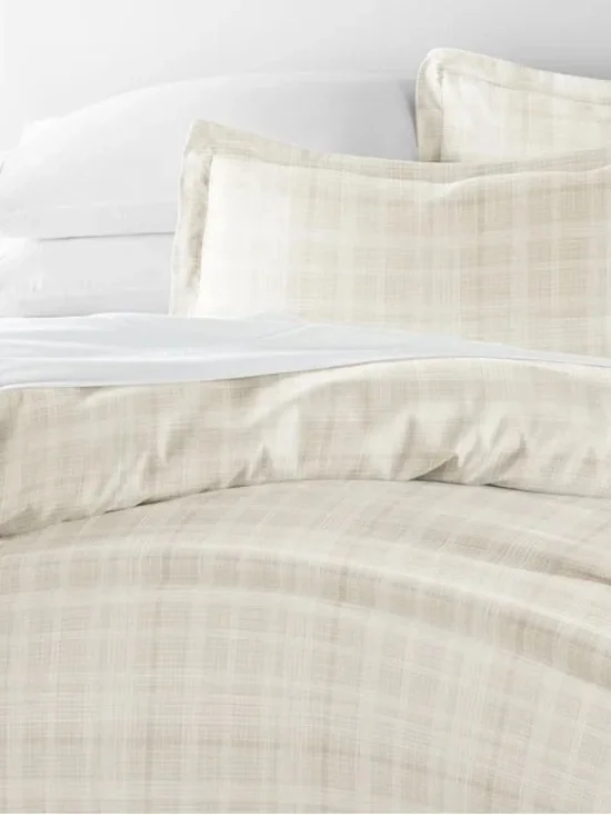Full Queen 3 Piece Duvet Cover Set Beige Grid Microfiber 2 Shams New