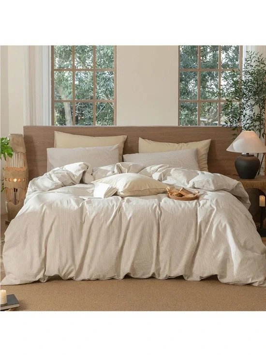 NEW MooMee Striped Duvet Cover Set 100% Washed Cotton Tannish Linen Grey Stripes