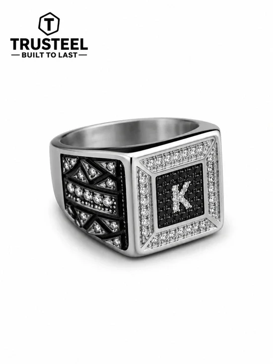 Men’s 316L Stainless Steel silver Signet Ring Black CZ Statement Ring size 11