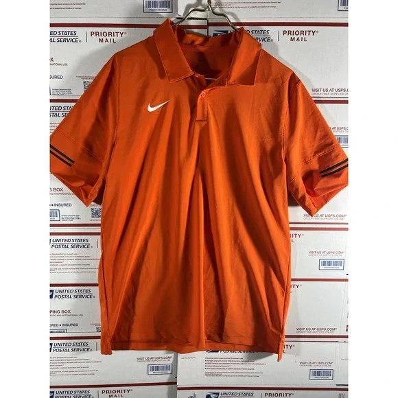 NIKE FLEX Polo Shirt Mens Large Swoosh Stripe Football Golf Dry Fit Orange‎ Gym
