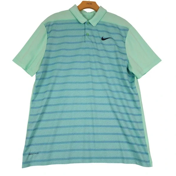 Nike Dri Fit Golf Polo Shirt Green‎ Blue Stripe Mens Large Short Sleeve Athletic