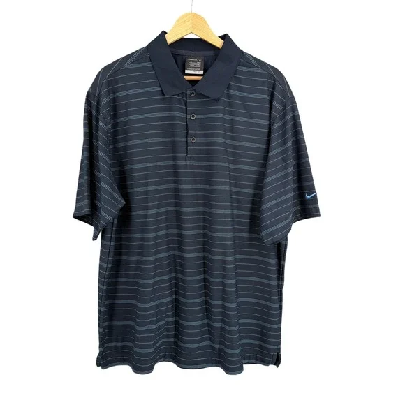 Nike Golf Mens XL Navy Blue Striped‎ Polo Shirt Dri-FIT