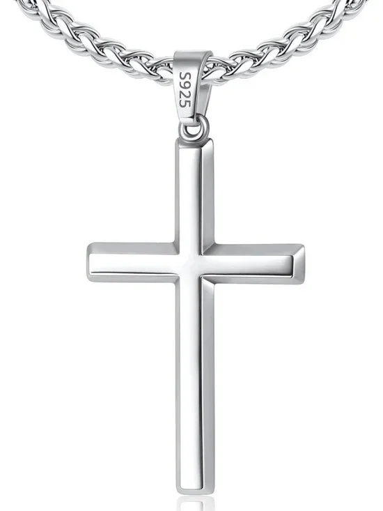Men's 925 Sterling Silver Cross Necklace, Gold Plated with Wheat Chain, Gift
