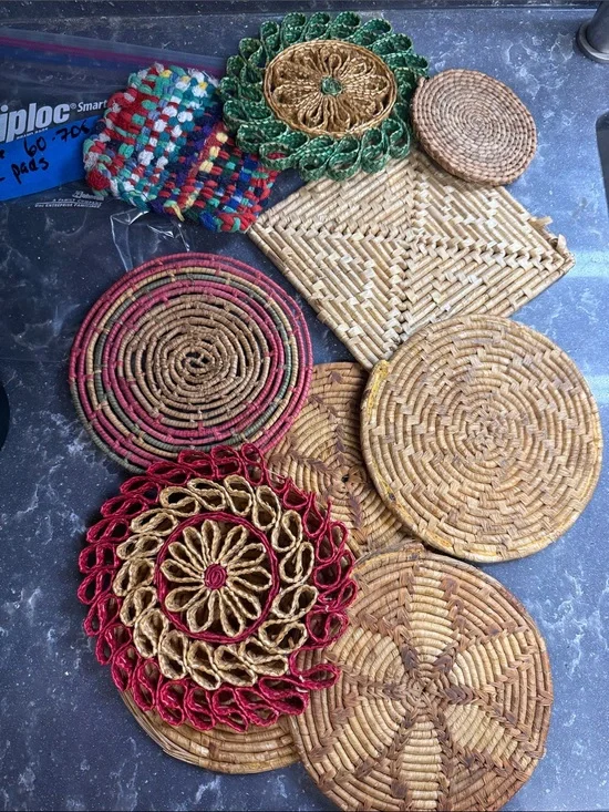 60’s-70’s Assorted Woven Rattan & Straw pot holders and Trivets - 10 pieces