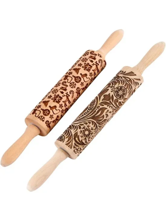 Embossed Wooden Rolling Pin for Baking & Crafts - Easy Clean, Lightweight