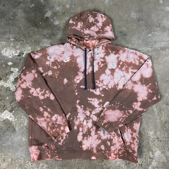 Nike Club Fleece Hoodie Size XL Brown‎ Pink Tie Dye Distressed Sweatshirt 835585