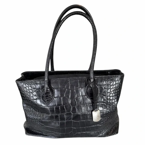 Furla Black Leather Crocodile Embossed Double Handle Satchel Bag