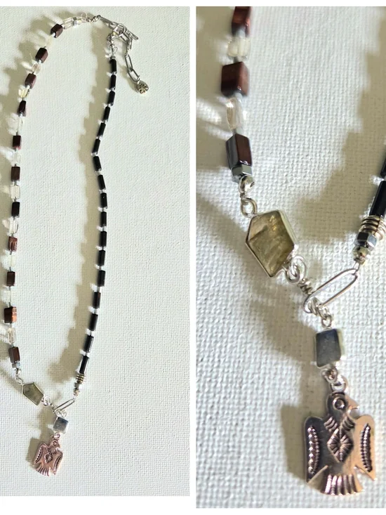 Unisex Onyx, Smoky Quartz, Red Tiger Eye Split Necklace With Thunderbird Charm