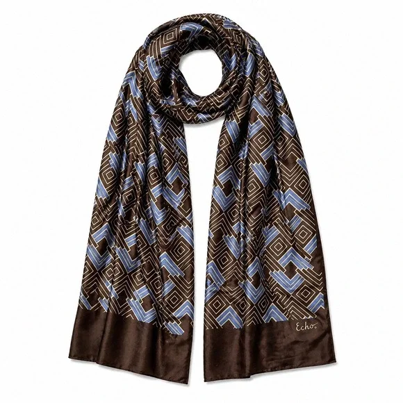 Echo Scarf Brown Blue‎ Geometric Print Lightweight Wrap Boho