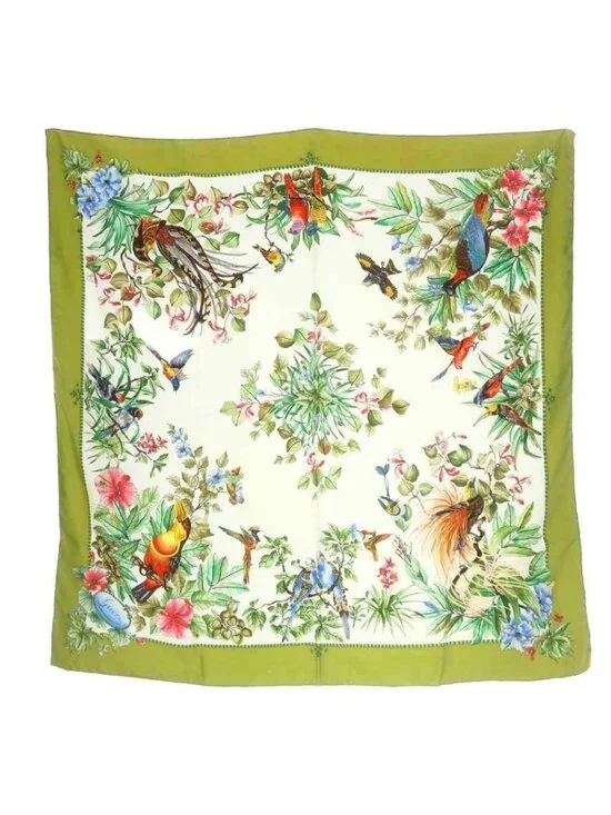 Gucci Scarf Bird All Over Pattern Flower Green White