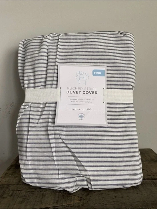 POTTERY BARN KIDS 100% COTTON RUCHED STRIPE DUVET COVER TWIN GRAY NEW