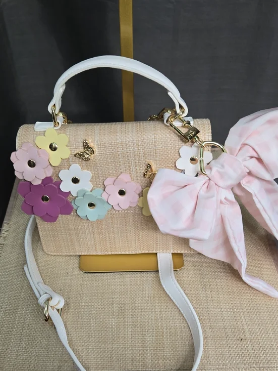 SALE! NWOT! Betsey Johnson Beige Straw Satchel with Flower Accents