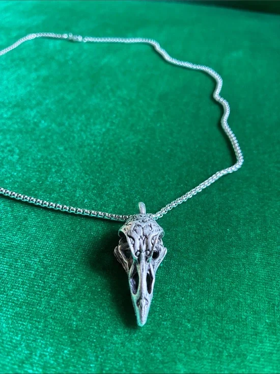 Gothic raven crow skull pendant necklace in silvertone Edgar Allan Poe inspired