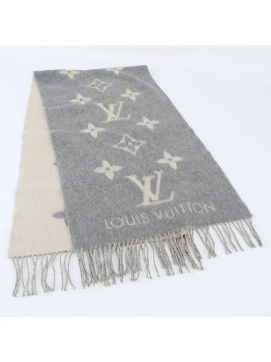 Louis Vuitton Tag Echarpe Reykjavik Cashmere 100% Monogram Fringe Scarf Gray