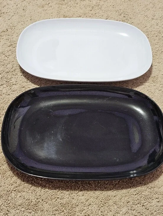 Vintage Melamine Plates Set of 2 Black & White Oval 15 in Long Dinnerware