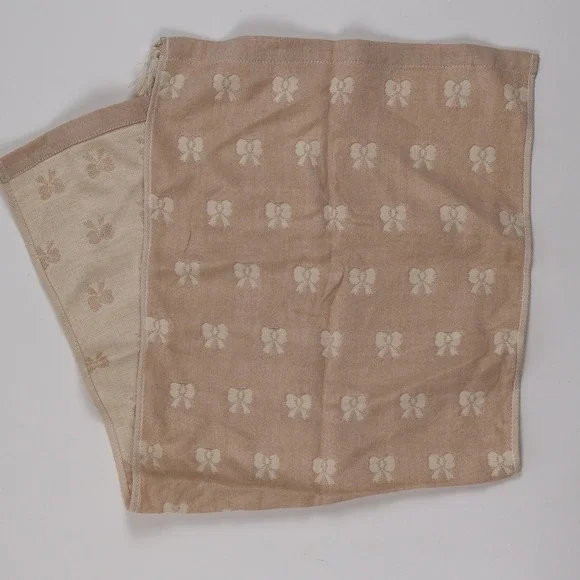 Liaosijin Scarf Bow Jacquard Tassel Tan Cream Linen Blend NWT