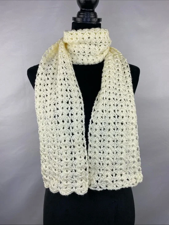 Handmade Ivory Crochet Knit Scarf Cozy Soft Boho Cottagecore 60”X 6”