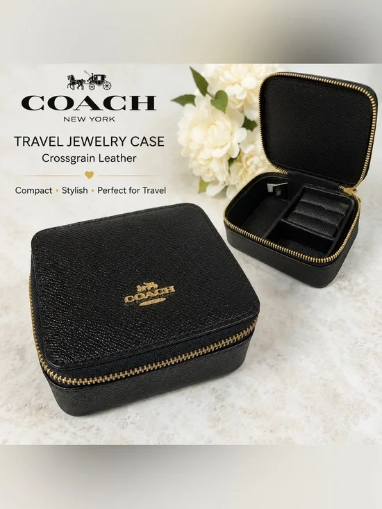 Coach Black Crossgrain Leather Travel Jewelry Case Zip Box Gold Hardware