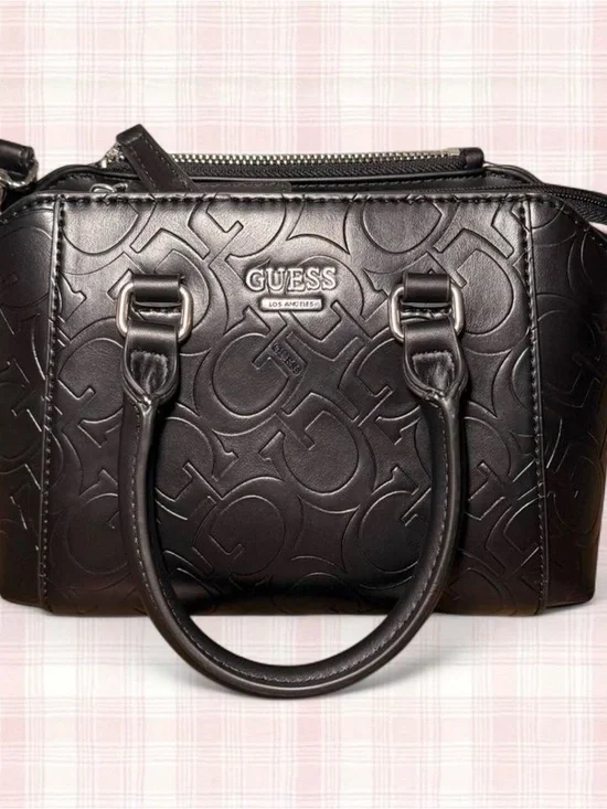 GUESS Black Embossed Logo Satchel with Top Handles