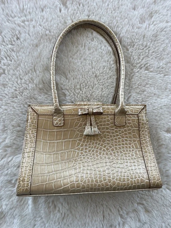 VTG Liz Claiborne Metallic Gold Faux Croc-Embossed Satchel with Tassel