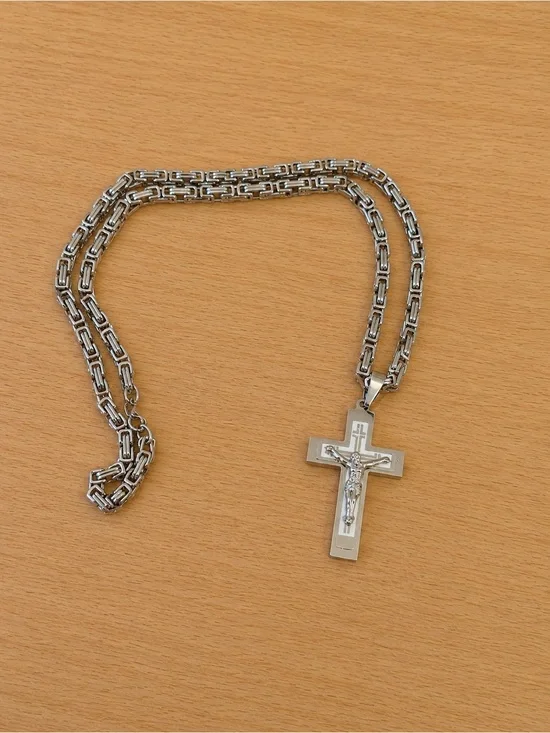 Men's Stainless Steel Silver Crucifix Pendant Necklace