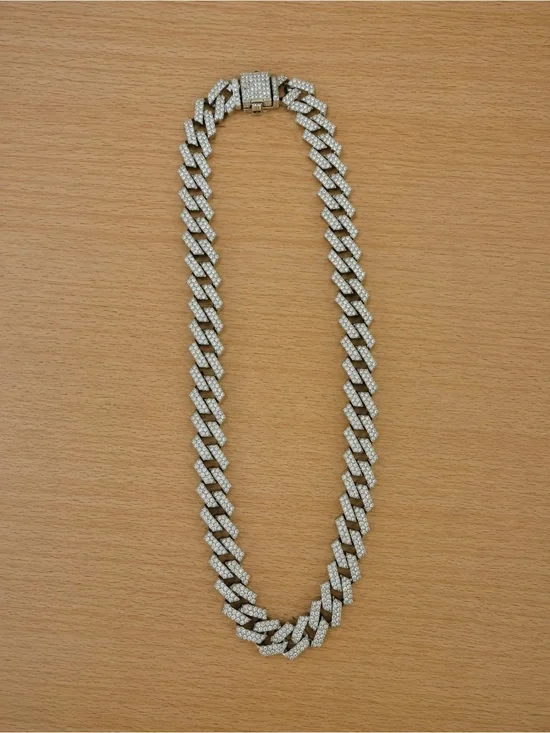 Silver Cuban Link Chain Necklace with Pavé Stones - Men Accessories