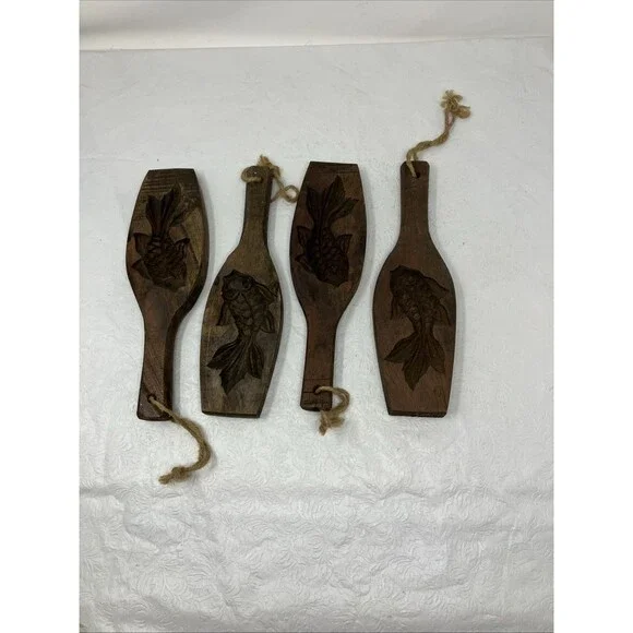 4 VTG Carved Wood Folk Art FISH Cookie Speculaas Springerle Butter Mold DECOR