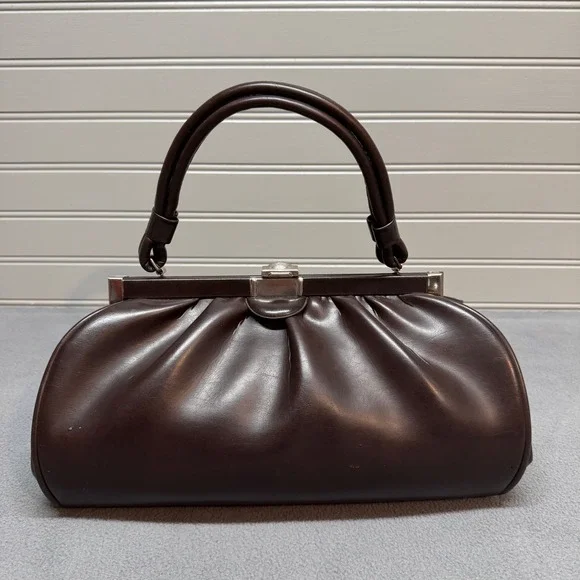 Vintage Mid Century Kiss Lock Satchel Handbag Brown Faux Leather Retro Large